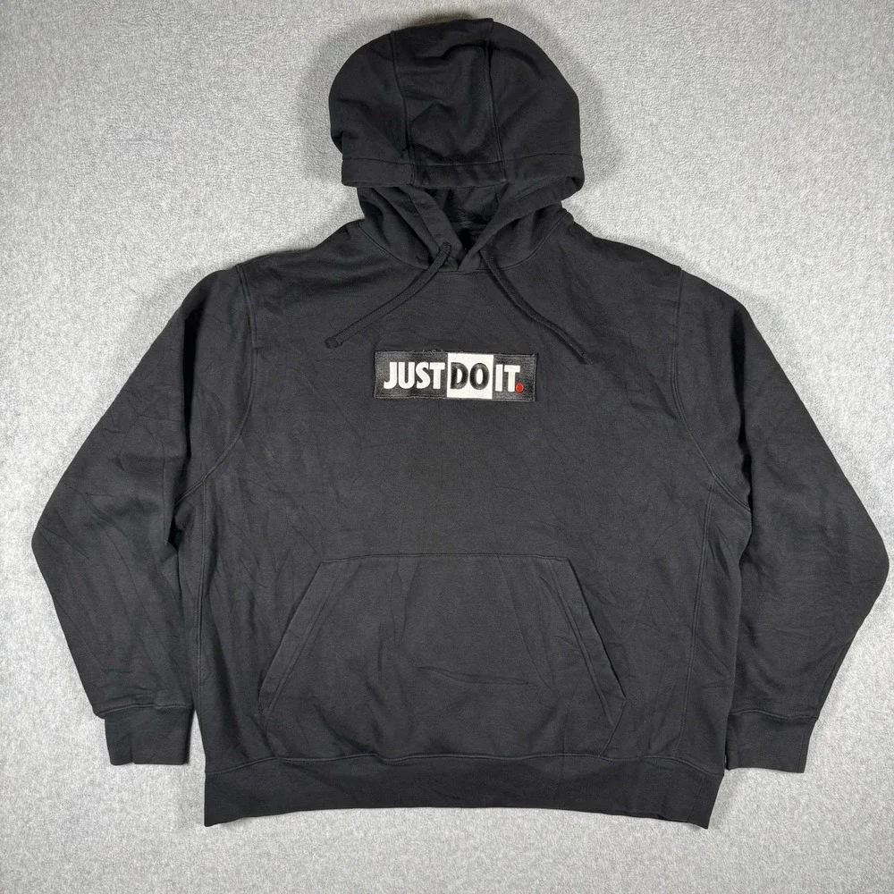 Nike Just Do It Hoodie Men's XXL Black Pullover Sweatshirt Spellout Swoosh Logo